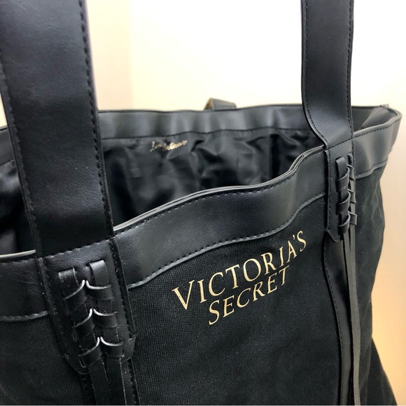 Extra Large Victoria’s Secret Black VS Tote Bag Shoulder Gold Faux Leather - Picture 6 of 11